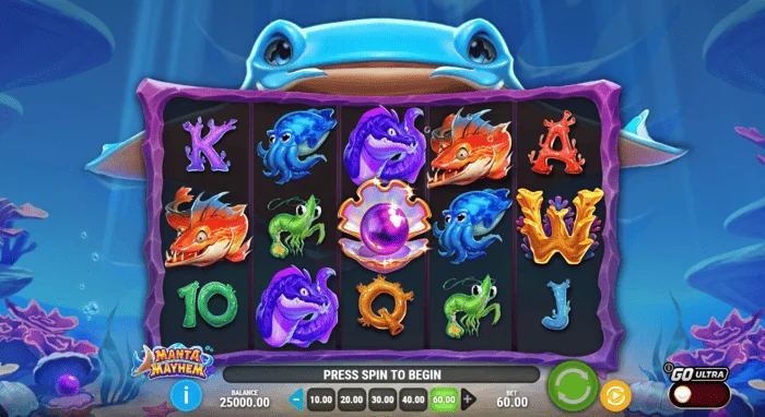 Manta Mayhem - Spielbildschirm mit Walzen und dem Manta-Rochen